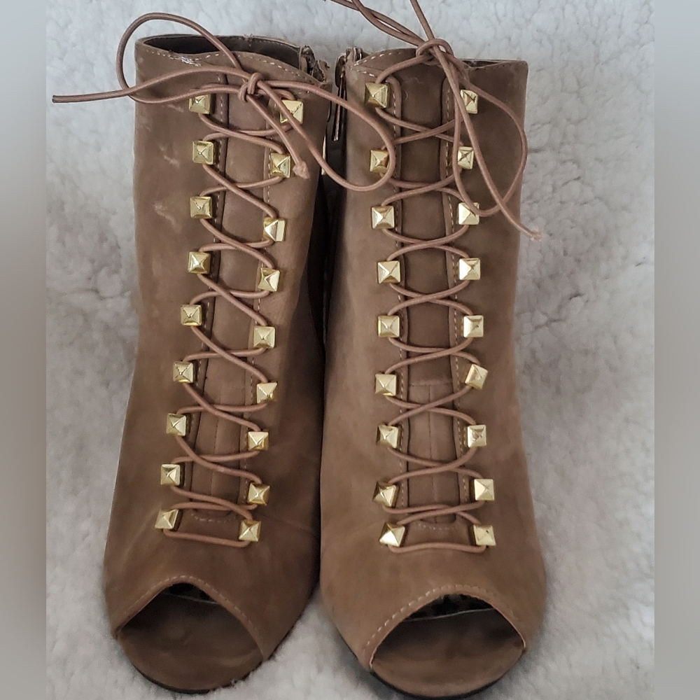Lace Up Peep Toe Bootie with Gold Studs